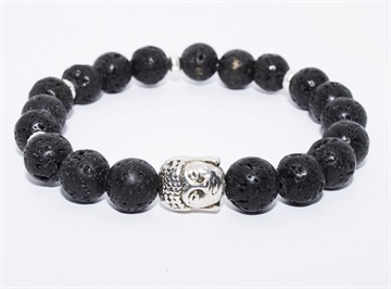 Armbånd -  enkel og stilrent sort lava perler med forsølvet buddha  
